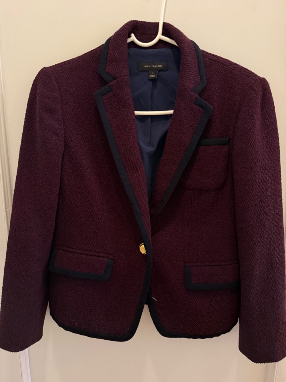 Ann Taylor Women's Plum Bouclé Blazer with Navy Trim